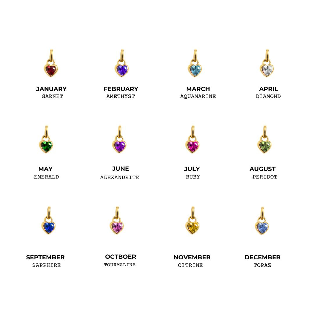 Pendants with gemstones for each month of the year on a white background